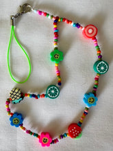 Load image into Gallery viewer, Phone Charm Multi Coloured Polymer Smiley Flowers, Glass Beads & Fruit