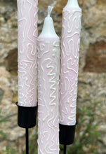 Load image into Gallery viewer, Hand Painted Pink & White Squiggles on Candles