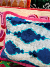 Load image into Gallery viewer, Velvet Ikat Fringe Cushion - Blue & Pink 🪬