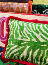 Load image into Gallery viewer, Velvet Ikat Fringe Cushion - Green Zebra 🦓