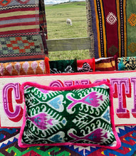 Load image into Gallery viewer, Velvet Ikat Fringe Cushion - Greens & Pinks 🪷