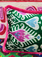Load image into Gallery viewer, Velvet Ikat Fringe Cushion - Greens & Pinks 🪷