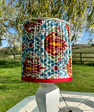 Load image into Gallery viewer, 36cm Pleated Red, Blues & Yellows Ikat Lampshade