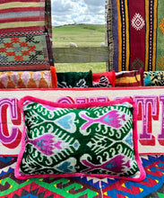 Load image into Gallery viewer, Velvet Ikat Fringe Cushion - Greens & Pinks 🪷