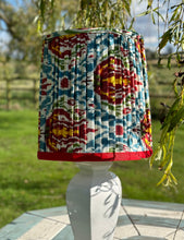 Load image into Gallery viewer, 36cm Pleated Red, Blues & Yellows Ikat Lampshade