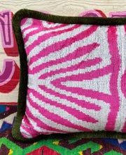 Load image into Gallery viewer, Velvet Ikat Fringe Cushion - Pink Zebra 🦓