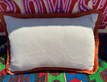 Load image into Gallery viewer, Velvet Ikat Fringe Cushion - Pink & Orange Hearts 💖