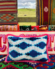 Load image into Gallery viewer, Velvet Ikat Fringe Cushion - Blue & Pink 🪬