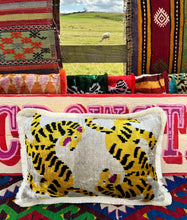 Load image into Gallery viewer, Velvet Ikat Fringe Cushion - White Tiger 🐯