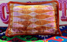 Load image into Gallery viewer, Velvet Ikat Fringe Cushion - Pink & Orange Hearts 💖