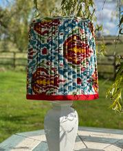 Load image into Gallery viewer, 36cm Pleated Red, Blues & Yellows Ikat Lampshade