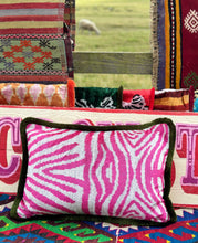 Load image into Gallery viewer, Velvet Ikat Fringe Cushion - Pink Zebra 🦓