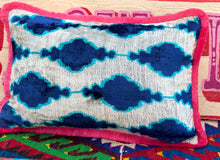 Load image into Gallery viewer, Velvet Ikat Fringe Cushion - Blue & Pink 🪬
