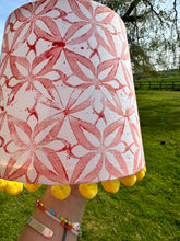 Load image into Gallery viewer, 24cm Handprinted Coral Lampshade & Yellow Poms Poms - Sample Shade
