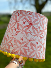 Load image into Gallery viewer, 24cm Handprinted Coral Lampshade & Yellow Poms Poms - Sample Shade