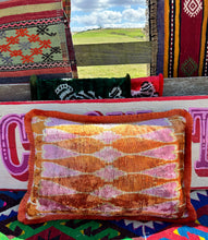 Load image into Gallery viewer, Velvet Ikat Fringe Cushion - Pink & Orange Hearts 💖