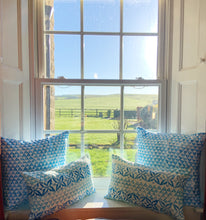 Load image into Gallery viewer, Hand block Printed Royal Blue & Sky Blue Dahlia & Peony - 50 x 30cm Lumbar Cushion