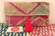 Load image into Gallery viewer, Pastel Pink & Blue Velvet Ikat Clutch Bag