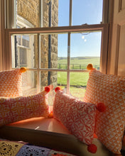 Load image into Gallery viewer, Hand Block Printed Pom Pom Cushion - Orange - 50 x 50cm