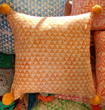 Load image into Gallery viewer, Hand Block Printed Pom Pom Cushion - Orange - 50 x 50cm