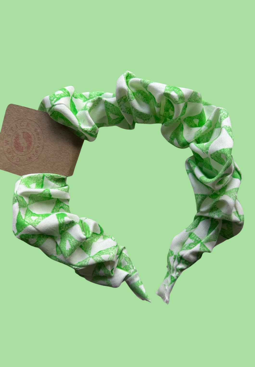 Cotton Scrunchie Headband - Green & White Hand Printed