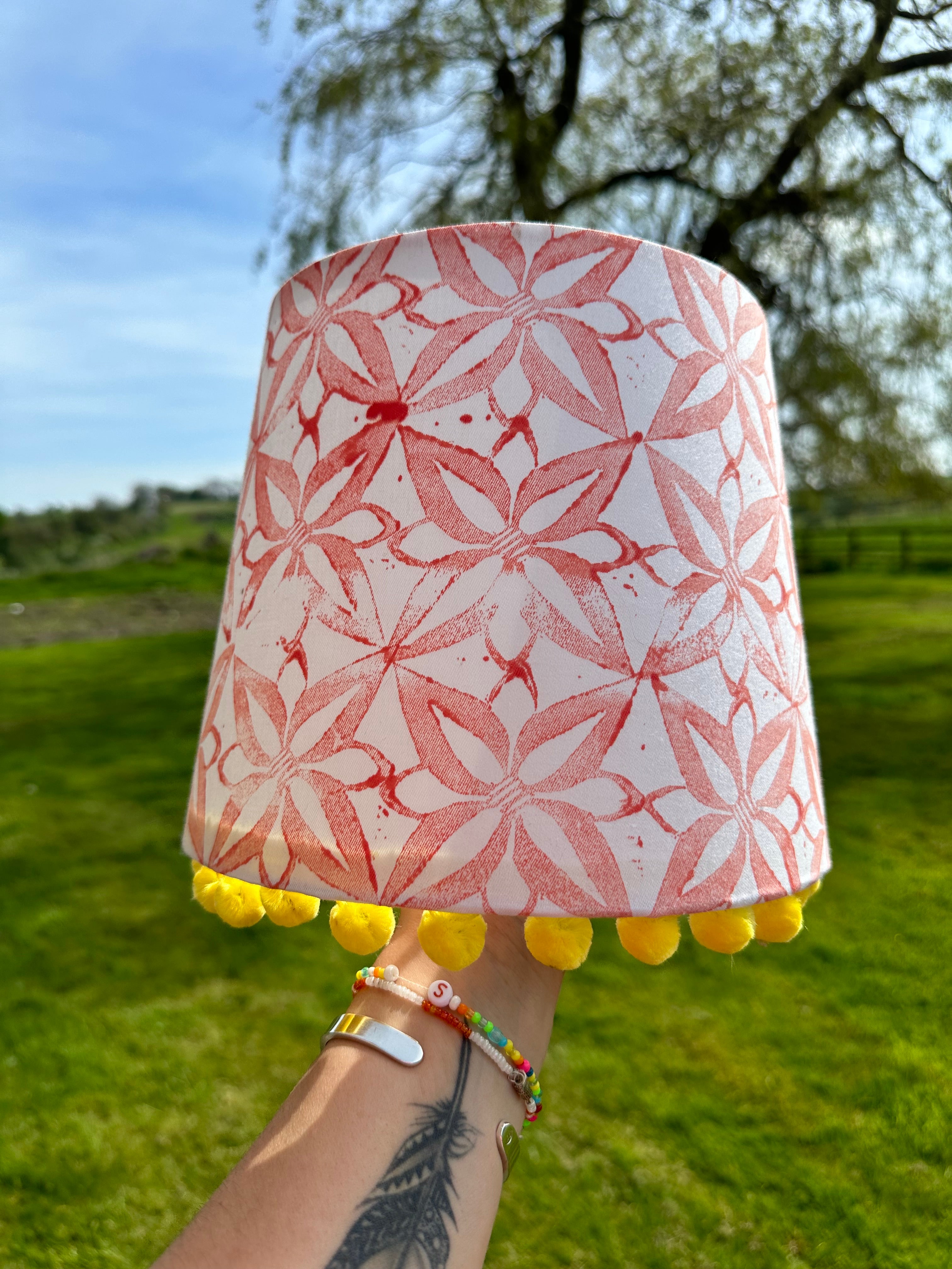 24cm Handprinted Coral Lampshade & Yellow Poms Poms - Sample Shade ...