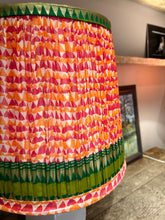 Load image into Gallery viewer, 40cm Pleated Sari Straight Empire Lampshade - Oranges, Greens, Coral &amp; Gold Detailing
