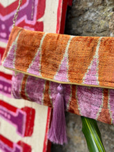 Load image into Gallery viewer, Velvet Ikat Clutch Bag - Pink &amp; Orange Hearts
