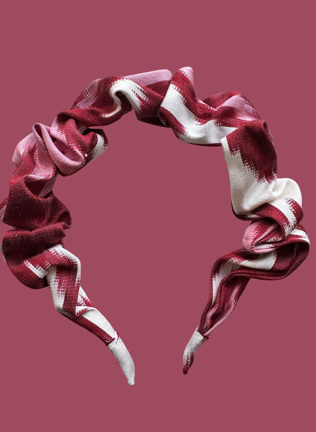 Ikat Silk Scrunchie Headband - Deep Red, Pink & White