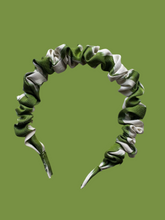 Load image into Gallery viewer, Ikat Silk Scrunchie Headband - Grass Green &amp; White
