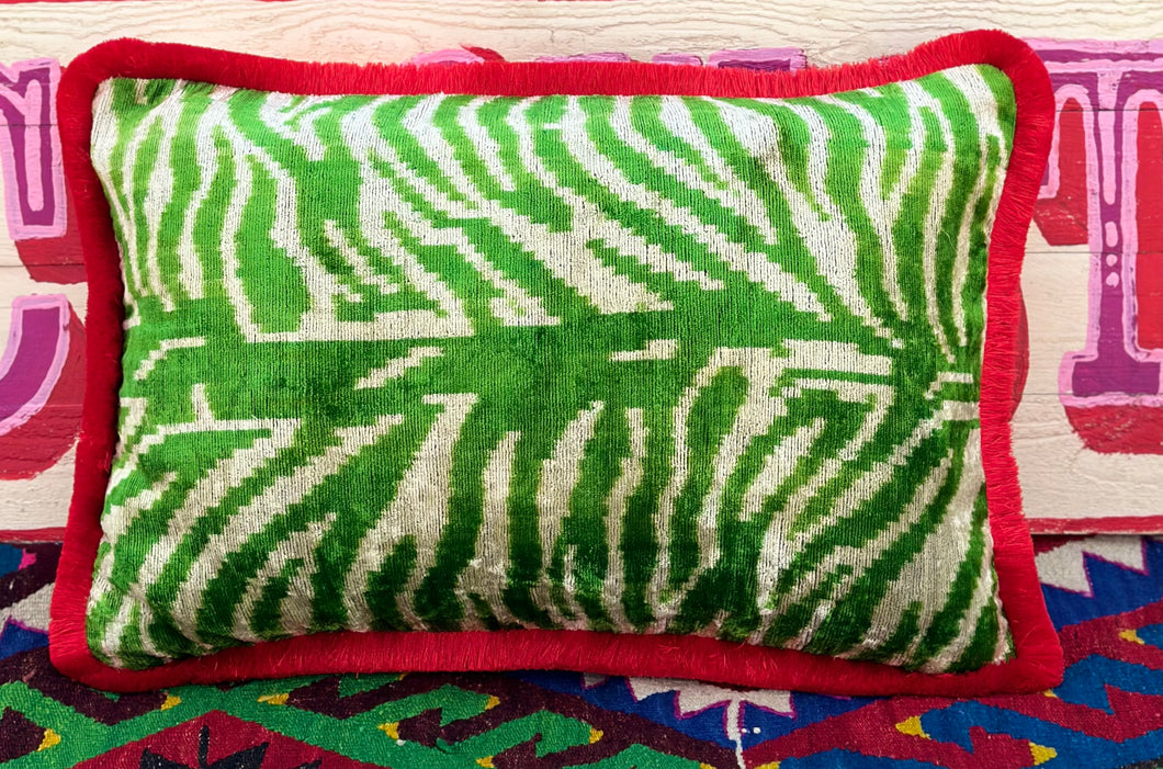 Velvet Ikat Fringe Cushion - Green Zebra 🦓