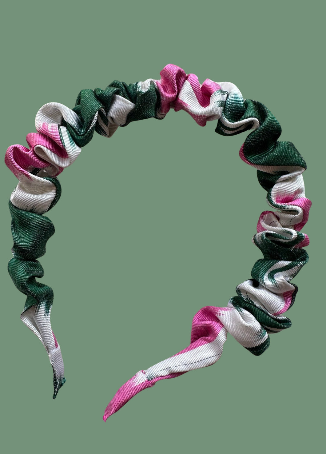 Small Ikat Silk Scrunchie Headband -Green, Pink & White