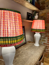 Load image into Gallery viewer, 40cm Pleated Sari Straight Empire Lampshade - Oranges, Greens, Coral &amp; Gold Detailing
