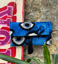 Load image into Gallery viewer, Velvet Ikat Clutch Bag - Navy Turkish Eye
