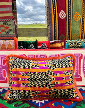 Load image into Gallery viewer, Velvet Ikat Fringe Cushion - Pink &amp; Orange Tiger 🐯
