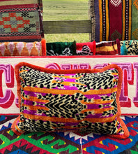 Load image into Gallery viewer, Velvet Ikat Fringe Cushion - Pink &amp; Orange Tiger 🐯
