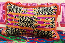 Load image into Gallery viewer, Velvet Ikat Fringe Cushion - Pink &amp; Orange Tiger 🐯

