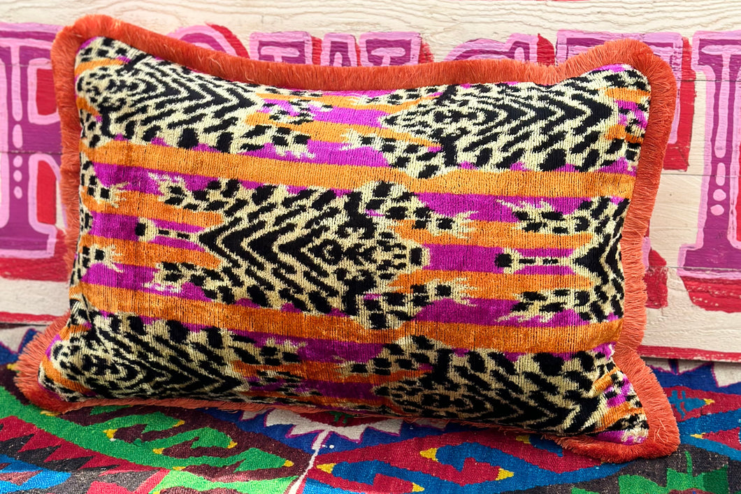 Velvet Ikat Fringe Cushion - Pink & Orange Tiger 🐯