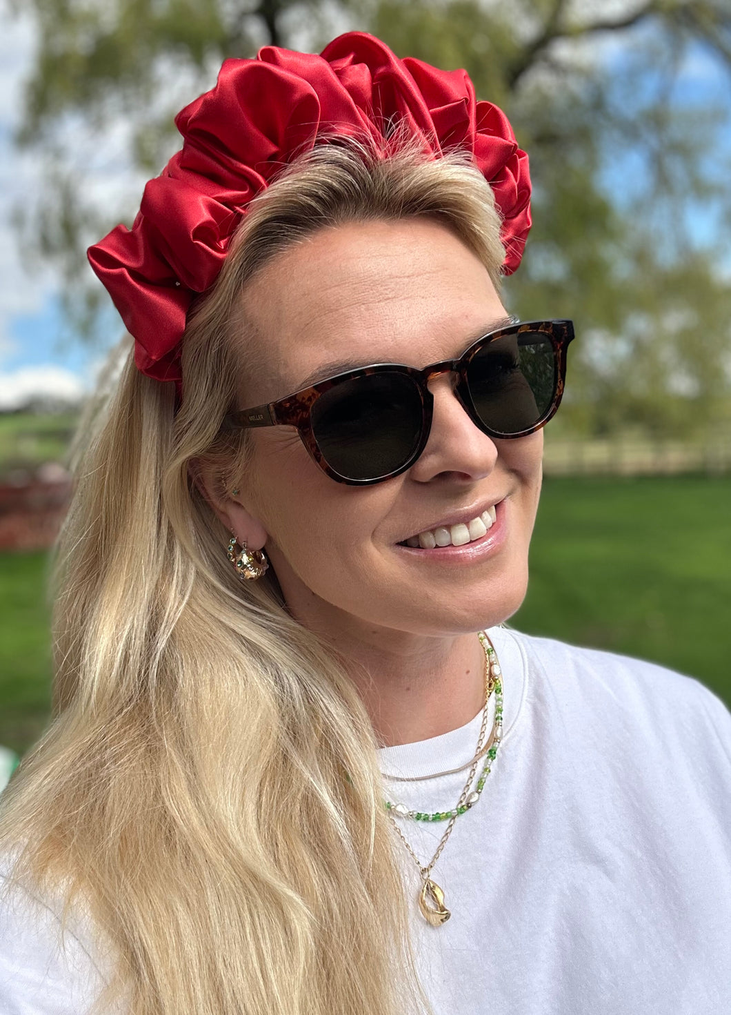 Satin Scrunchie Headband - Coral Red