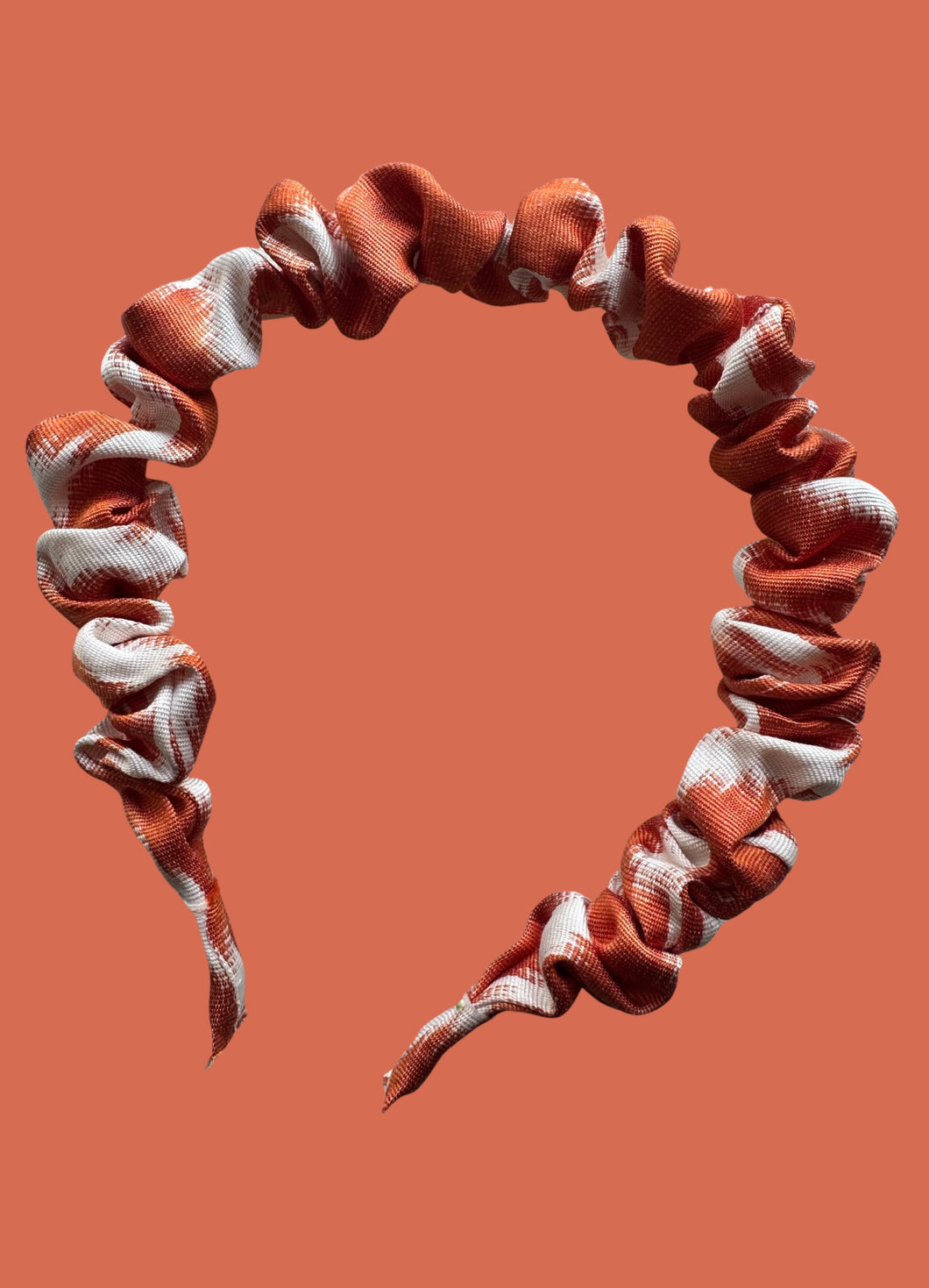 Small Ikat Silk Scrunchie Headband - Orange & White