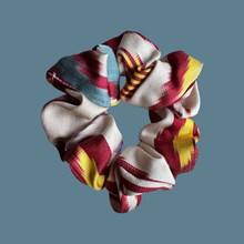 Load image into Gallery viewer, Red, Blue, Yellow &amp; White Silk Ikat Scrunchie
