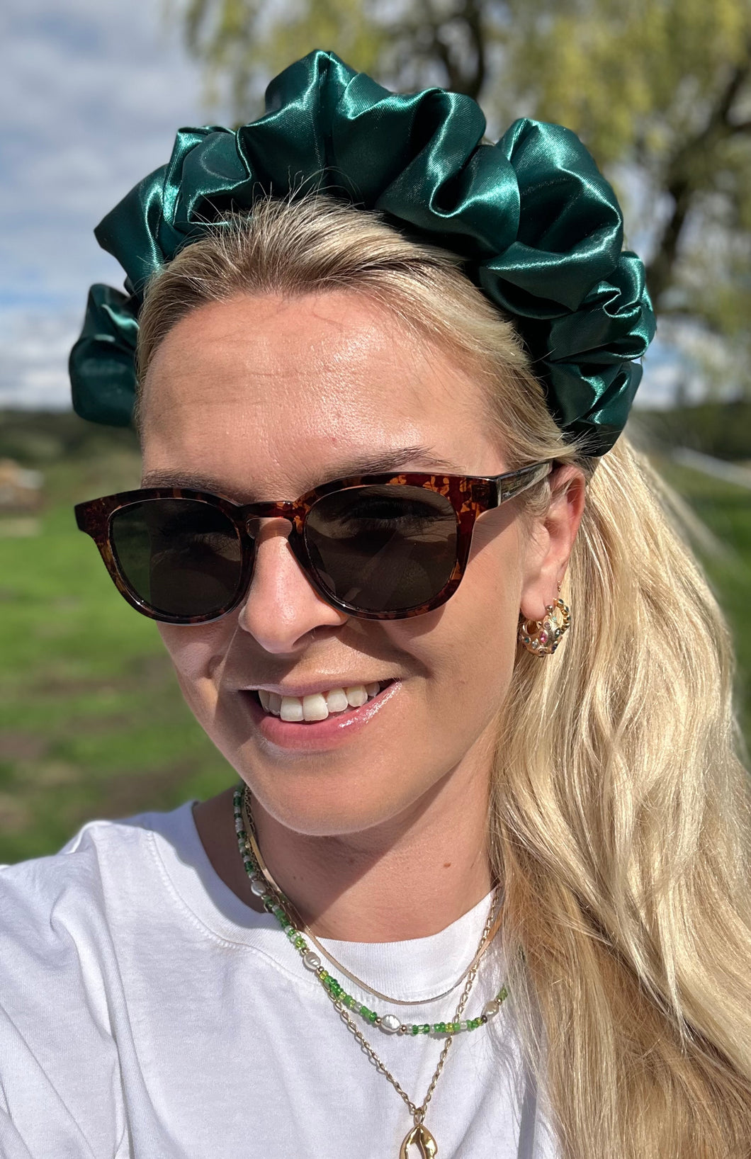 Satin Scrunchie Headband - Forest Green