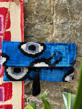 Load image into Gallery viewer, Velvet Ikat Clutch Bag - Navy Turkish Eye
