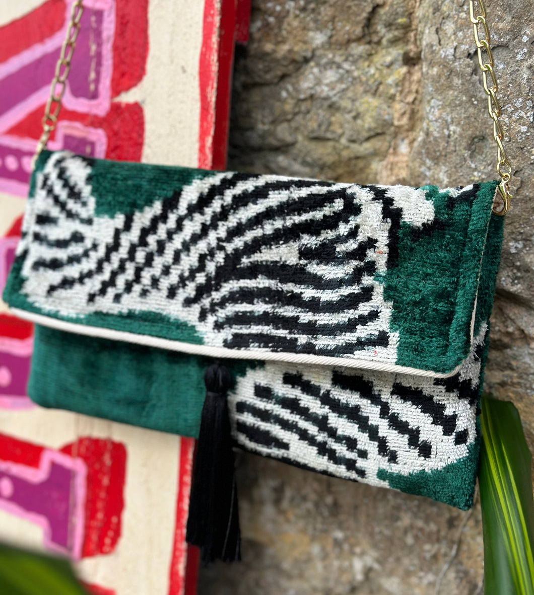 Velvet Ikat Clutch Bag - Green Zebra