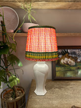 Load image into Gallery viewer, 40cm Pleated Sari Straight Empire Lampshade - Oranges, Greens, Coral &amp; Gold Detailing
