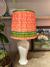 Load image into Gallery viewer, 40cm Pleated Sari Straight Empire Lampshade - Oranges, Greens, Coral &amp; Gold Detailing
