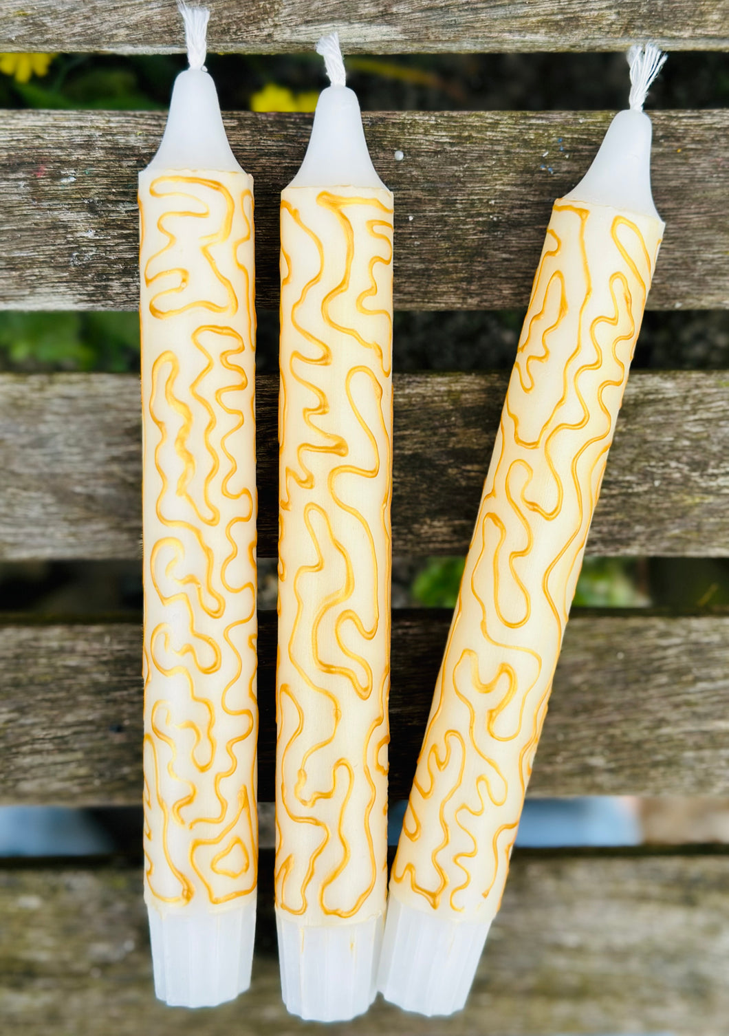 Hand Painted Gold on Gold Squiggles on Candles