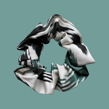 Load image into Gallery viewer, Black, White &amp; Green Silk Ikat Scrunchie
