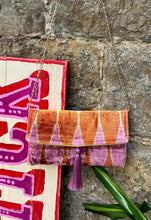 Load image into Gallery viewer, Velvet Ikat Clutch Bag - Pink &amp; Orange Hearts
