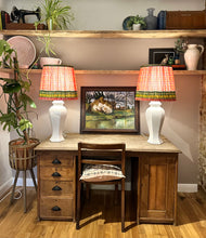 Load image into Gallery viewer, 40cm Pleated Sari Straight Empire Lampshade - Oranges, Greens, Coral &amp; Gold Detailing
